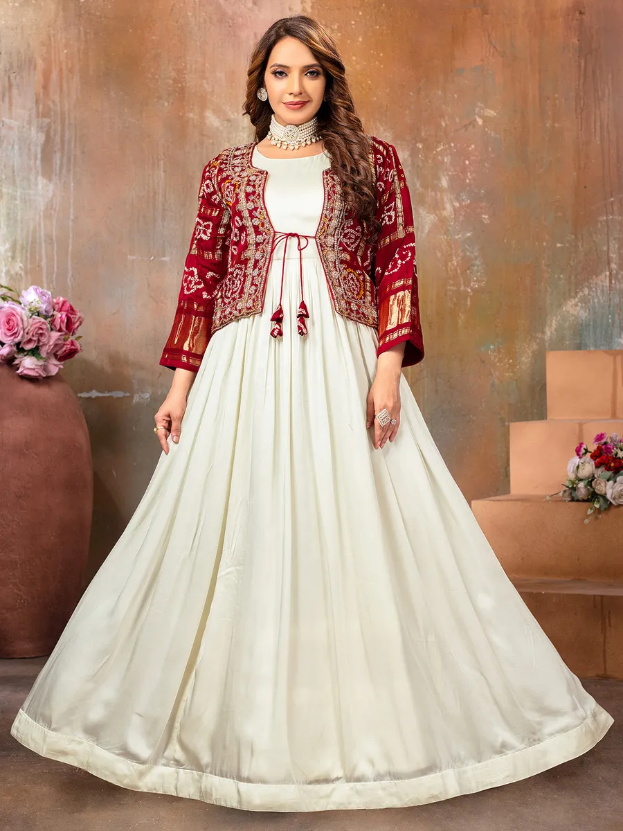 Off-white satin anarkali suit for wedding