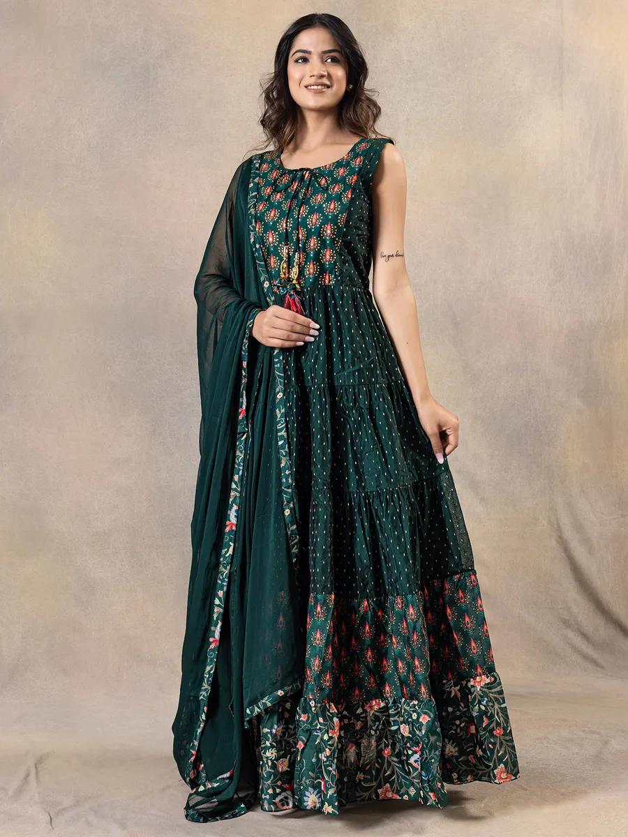 Bottle green cotton silk anarkali suit for festive