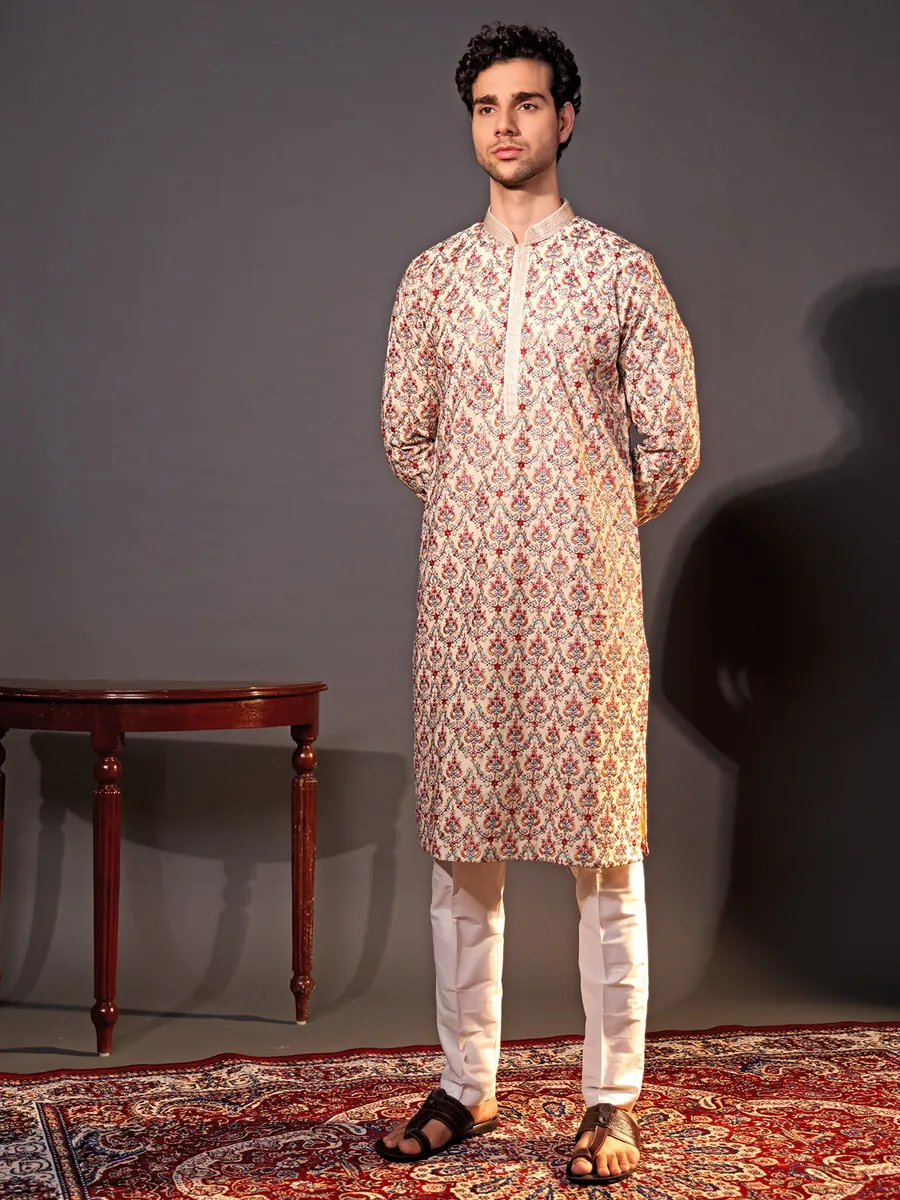 Cotton cream embroidery  Men Kurta pajama