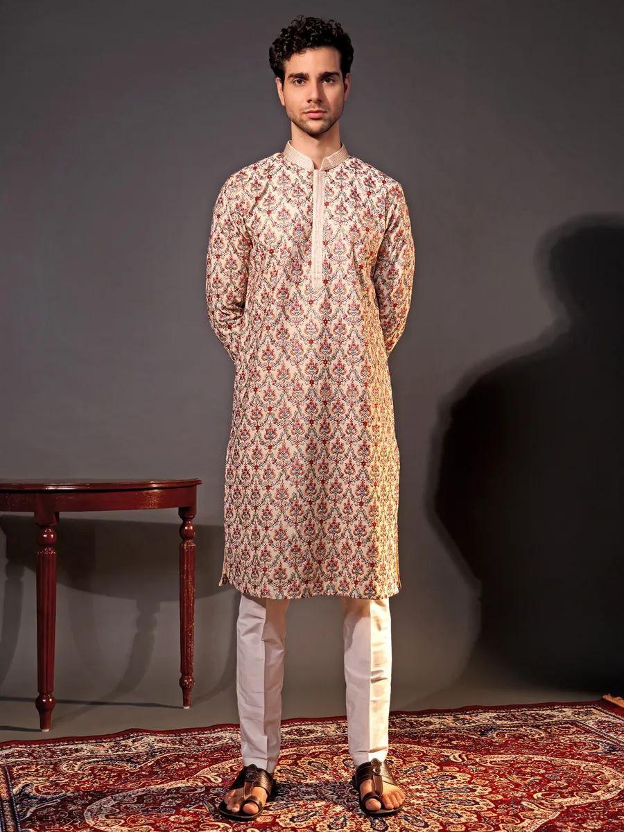 Cotton cream embroidery  Men Kurta pajama