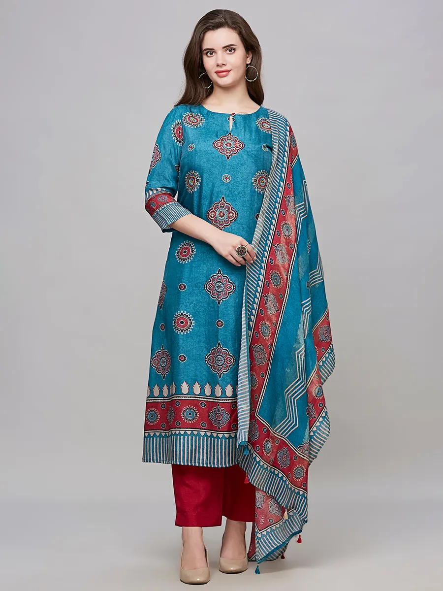 Trendy turquoise blue cotton kurti set