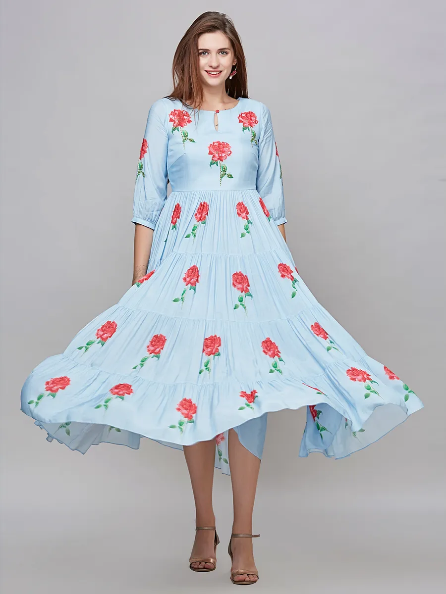 Floral printed baby blue cotton dress