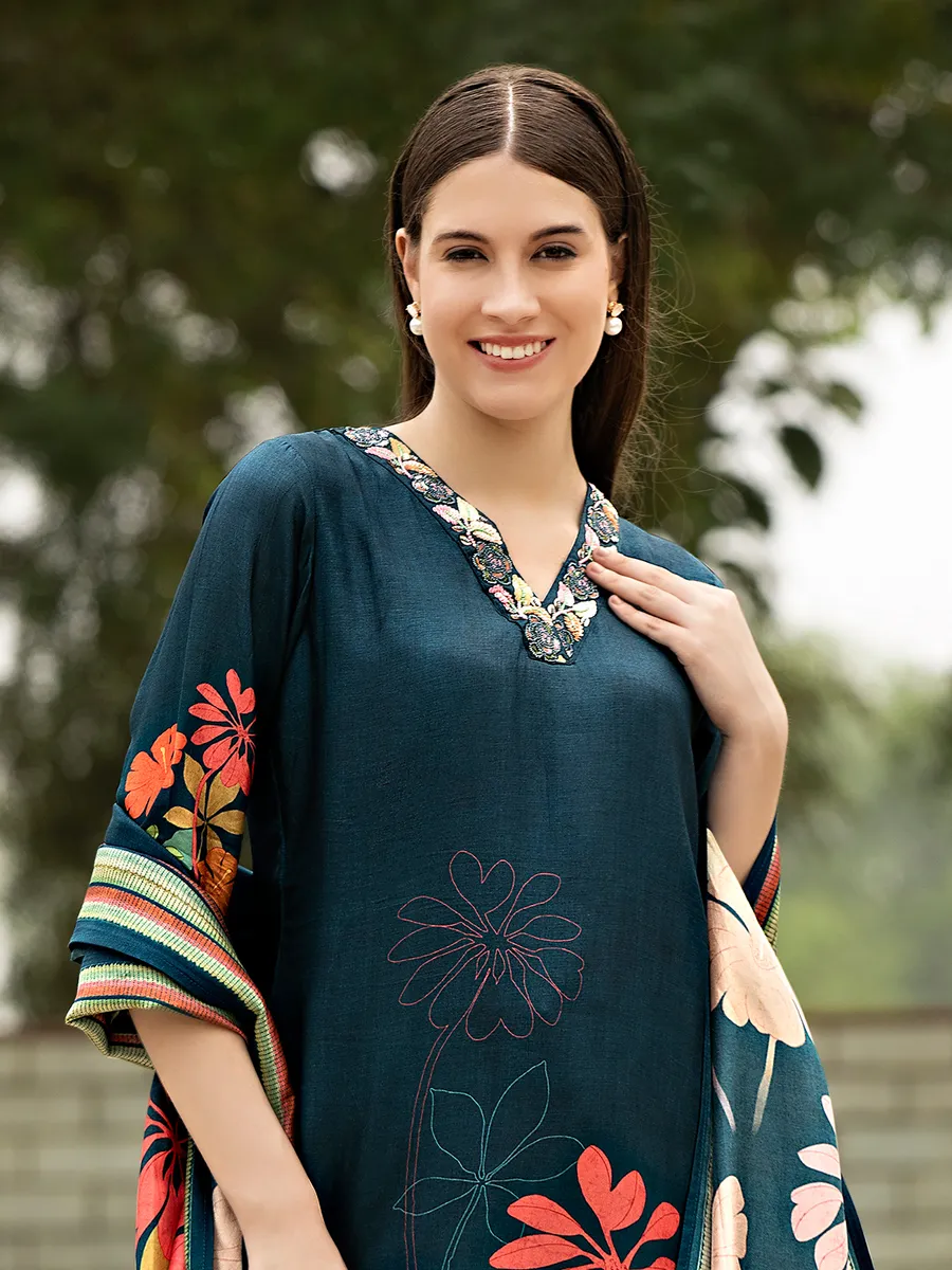 Dark blue printed silk kurti set