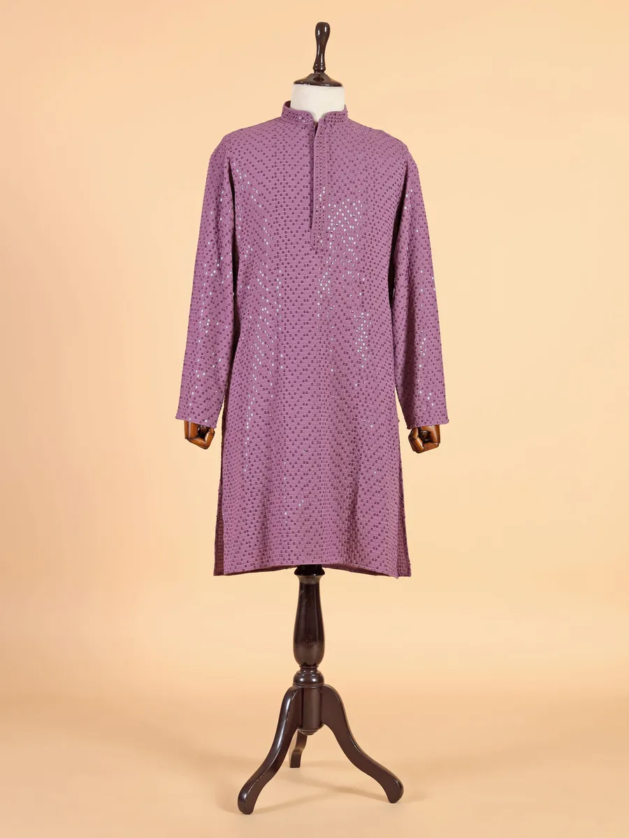 Purple silk embroidery kurta suit for men`