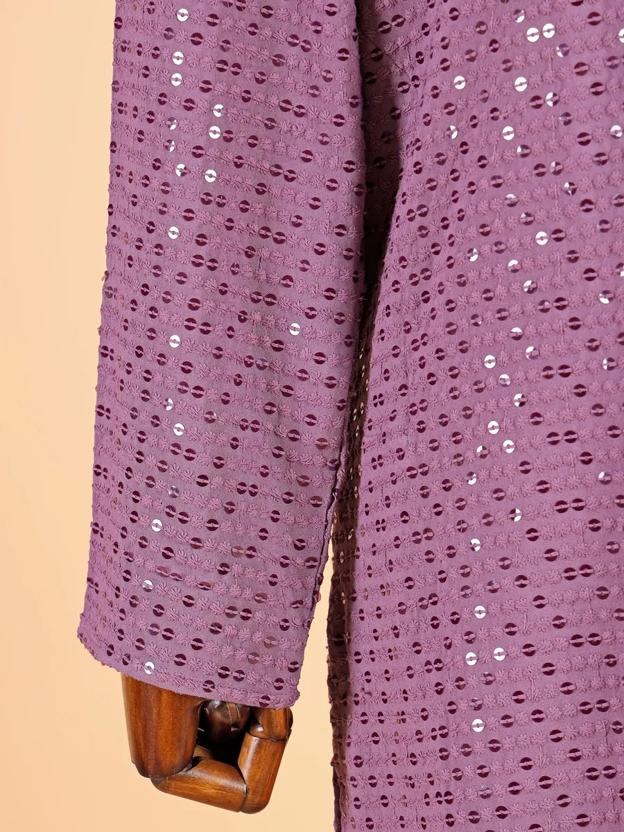 Purple silk embroidery kurta suit for men`