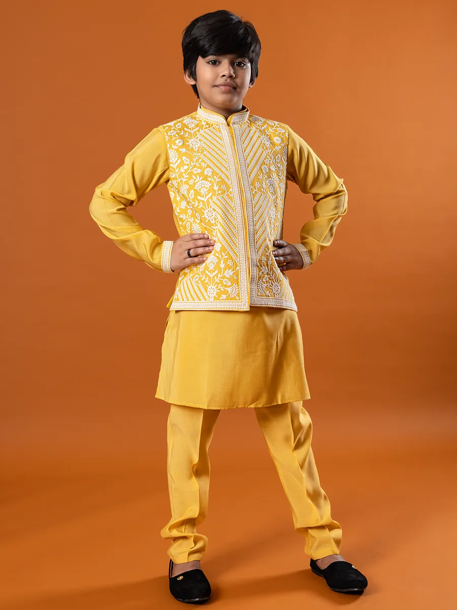 Embroidered silk yellow waistcoat set for boys