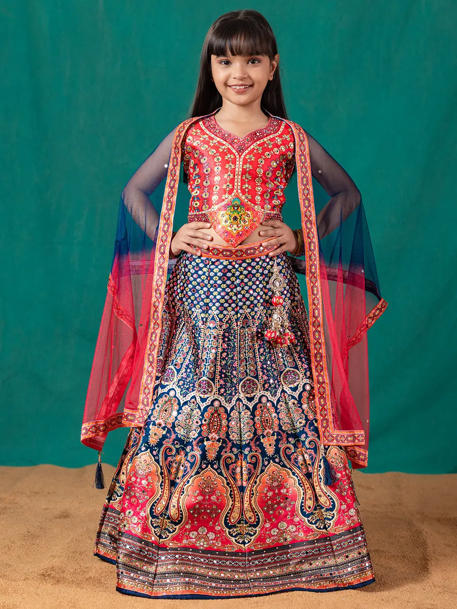 Glorious silk printed lehenga choli in blue and orange