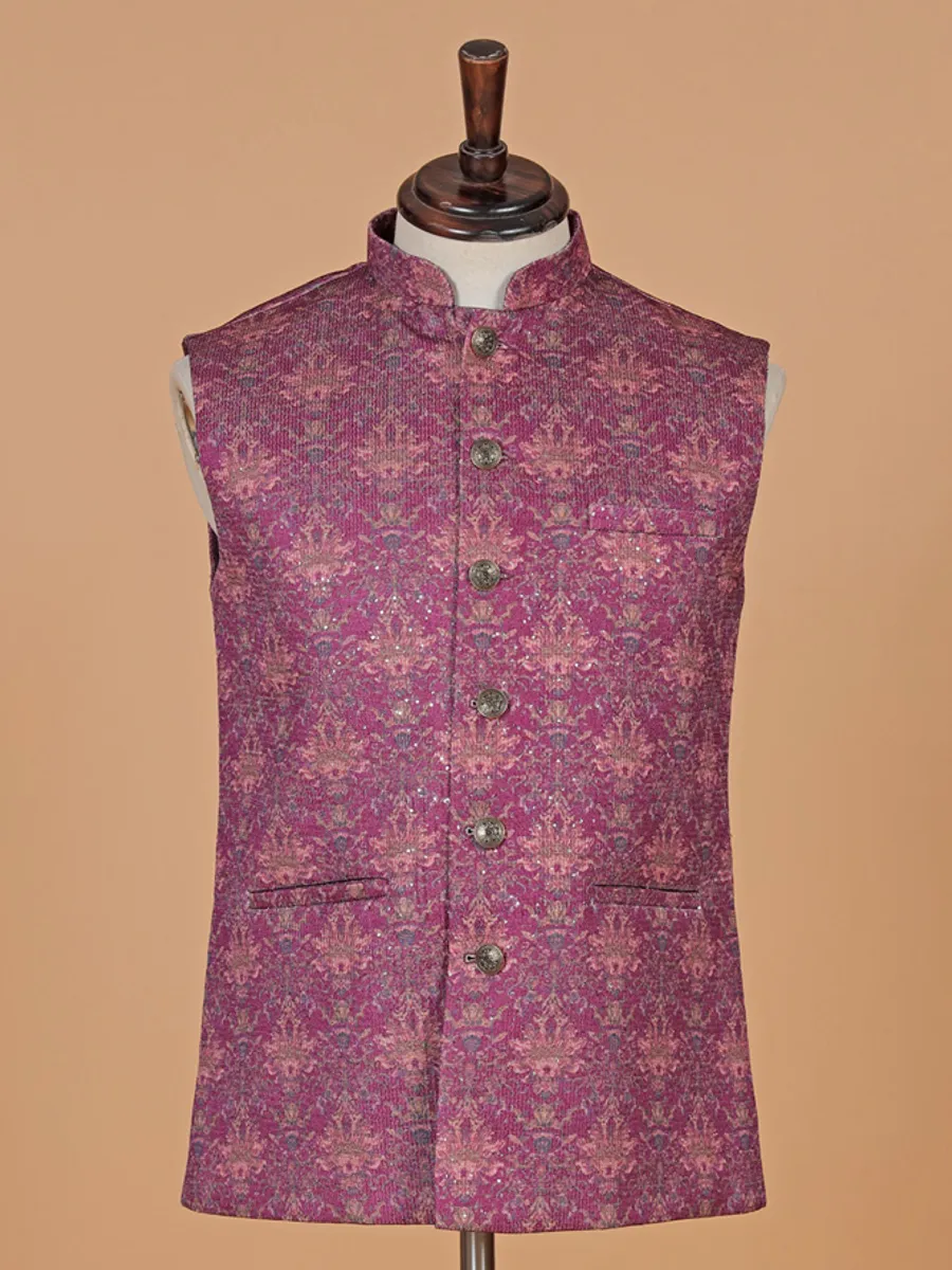 Wine printed cotton silk waistcoat for men