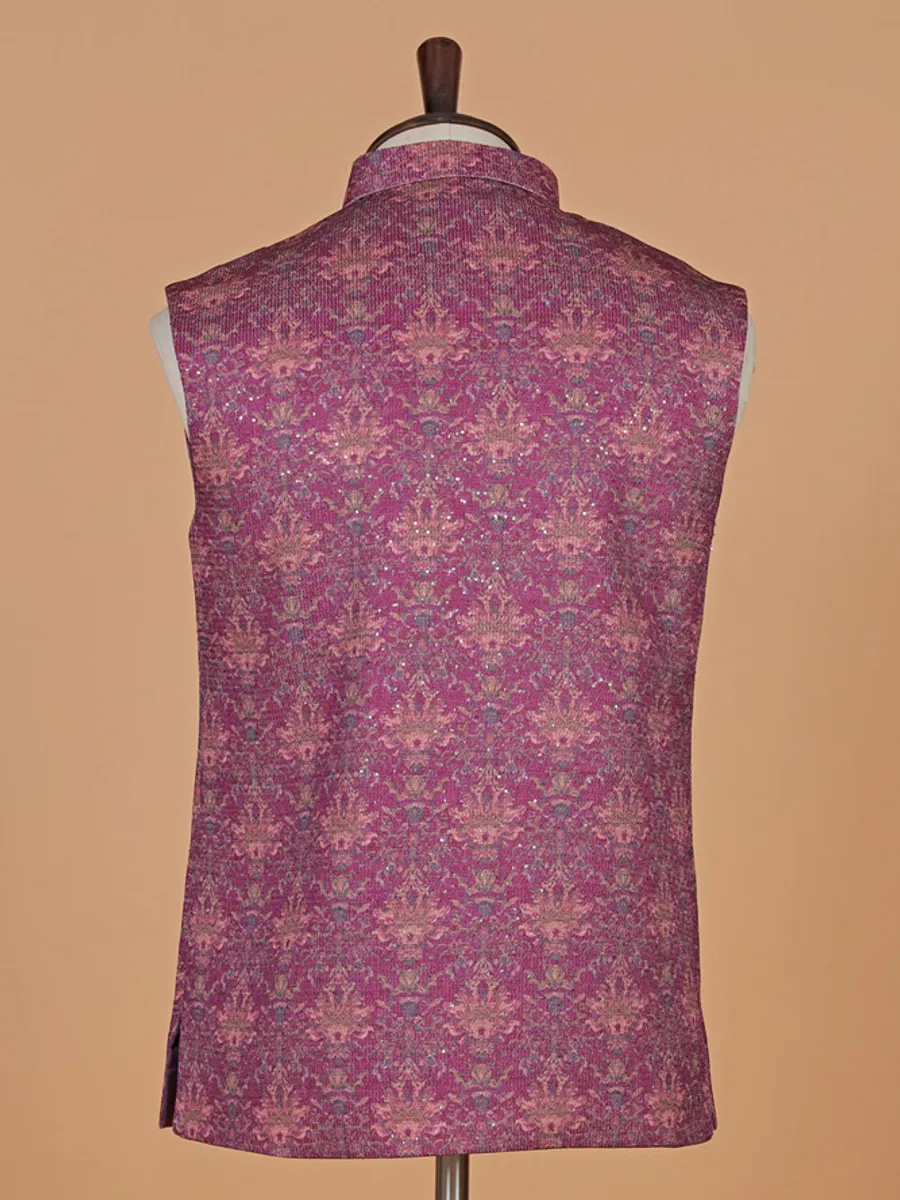 Wine printed cotton silk waistcoat for men