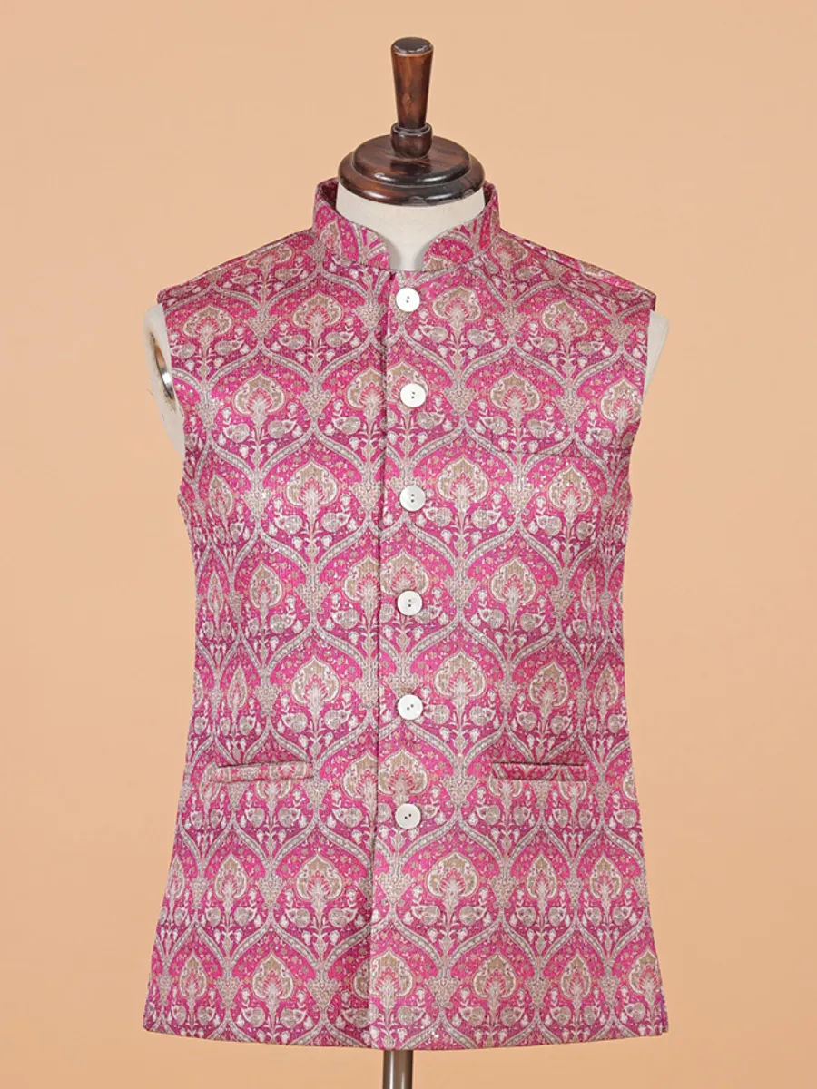 Magenta printed silk waistcoat for men