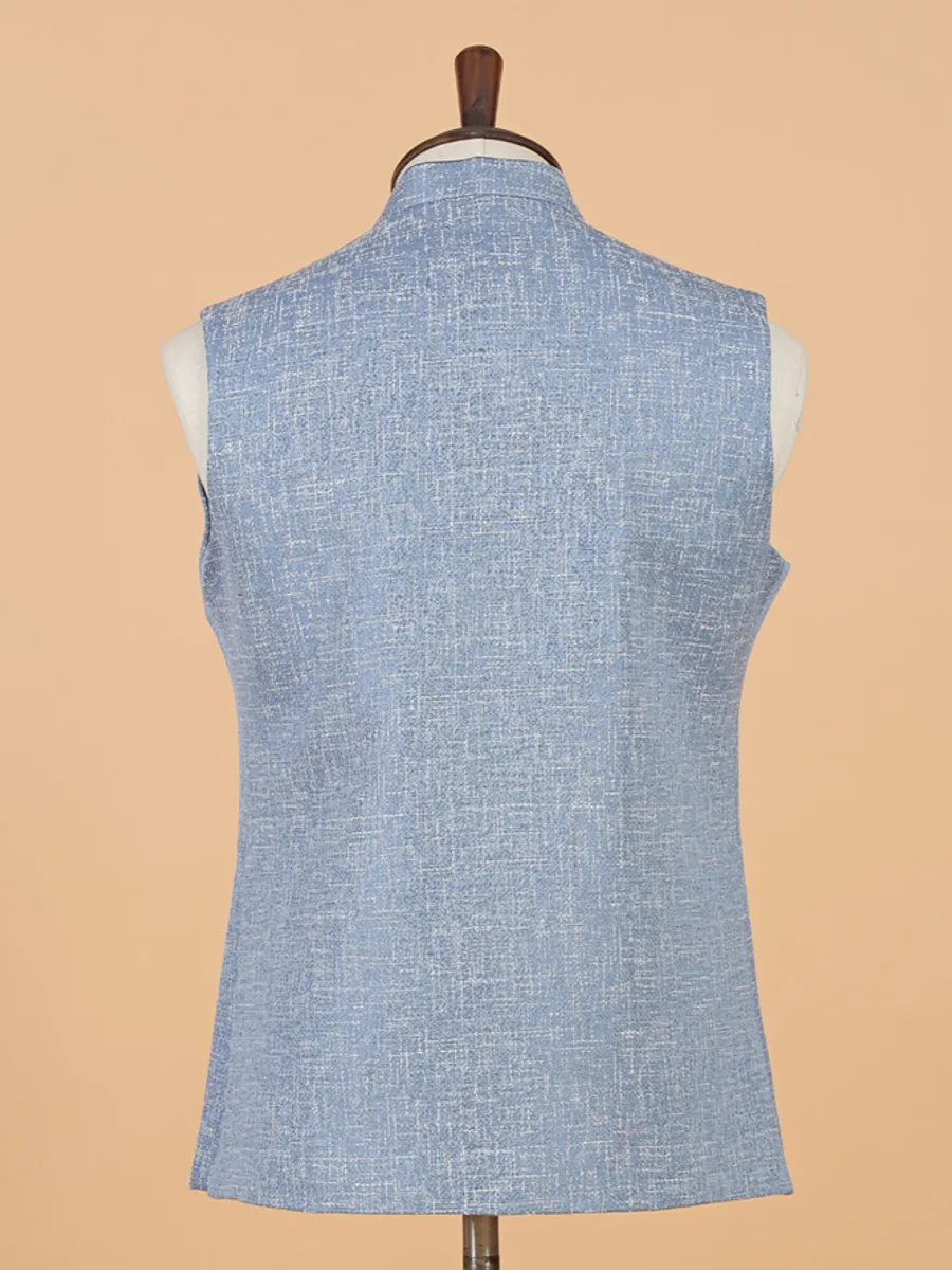 Powder blue cotton silk waistcoat for men