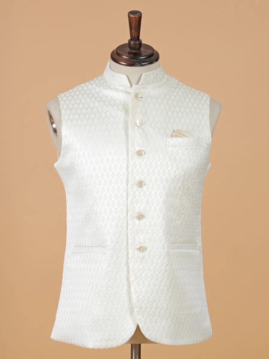 Cream cotton silk printed waistcoat for men