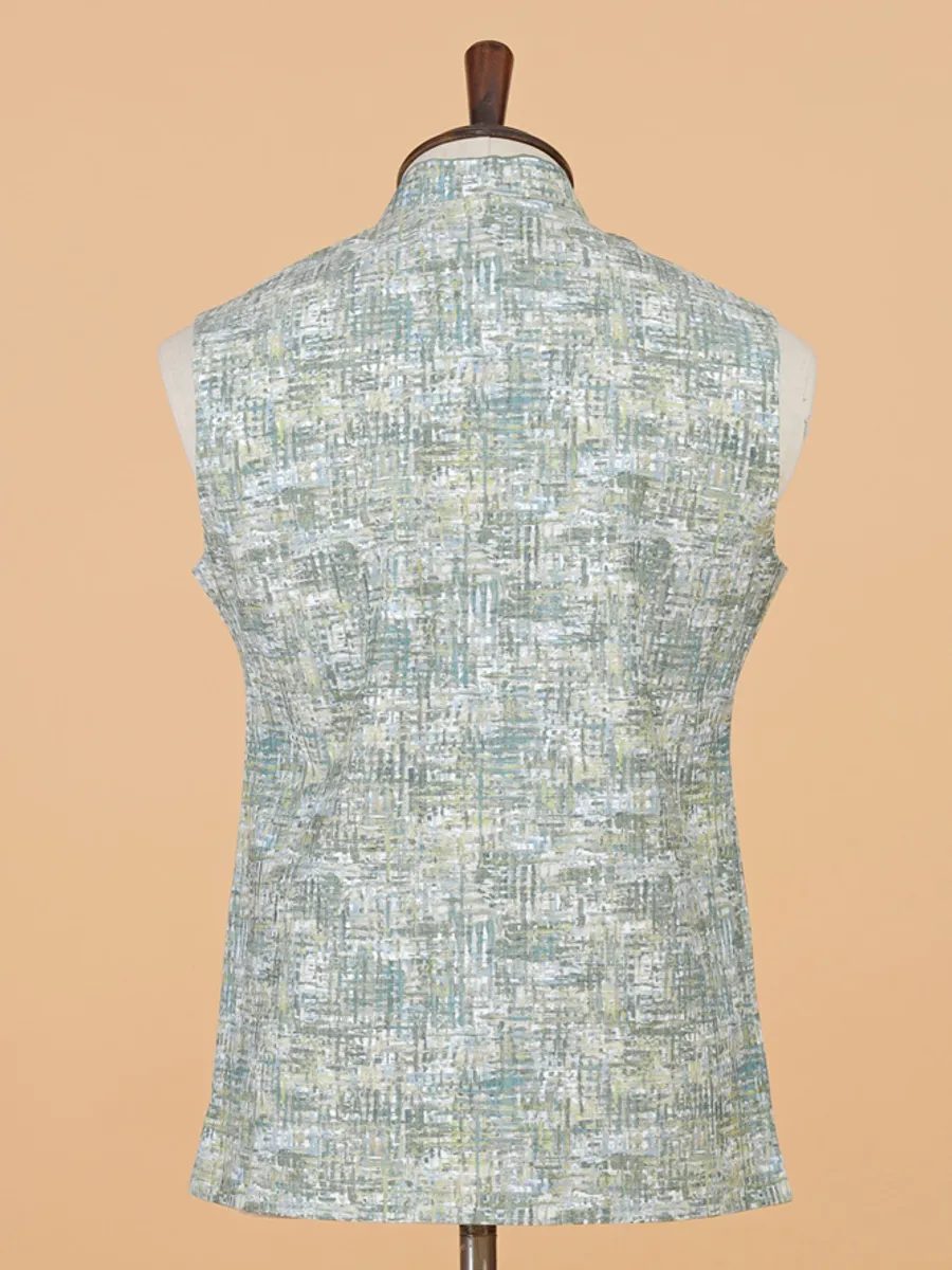 Green cotton silk printed waistcoat for men for festive