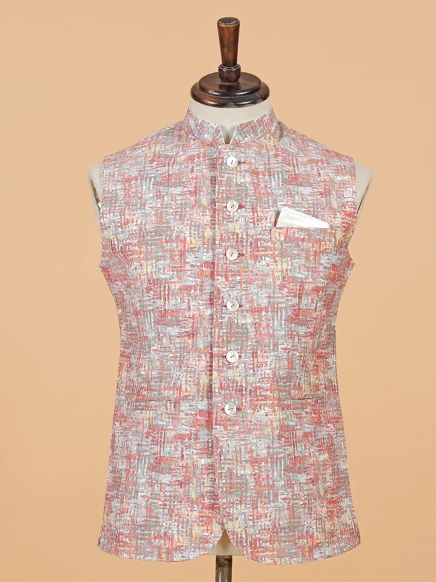 Peach cotton silk printed waistcoat for men