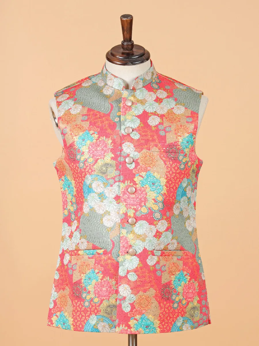 Pink floral printed silk waistcoat