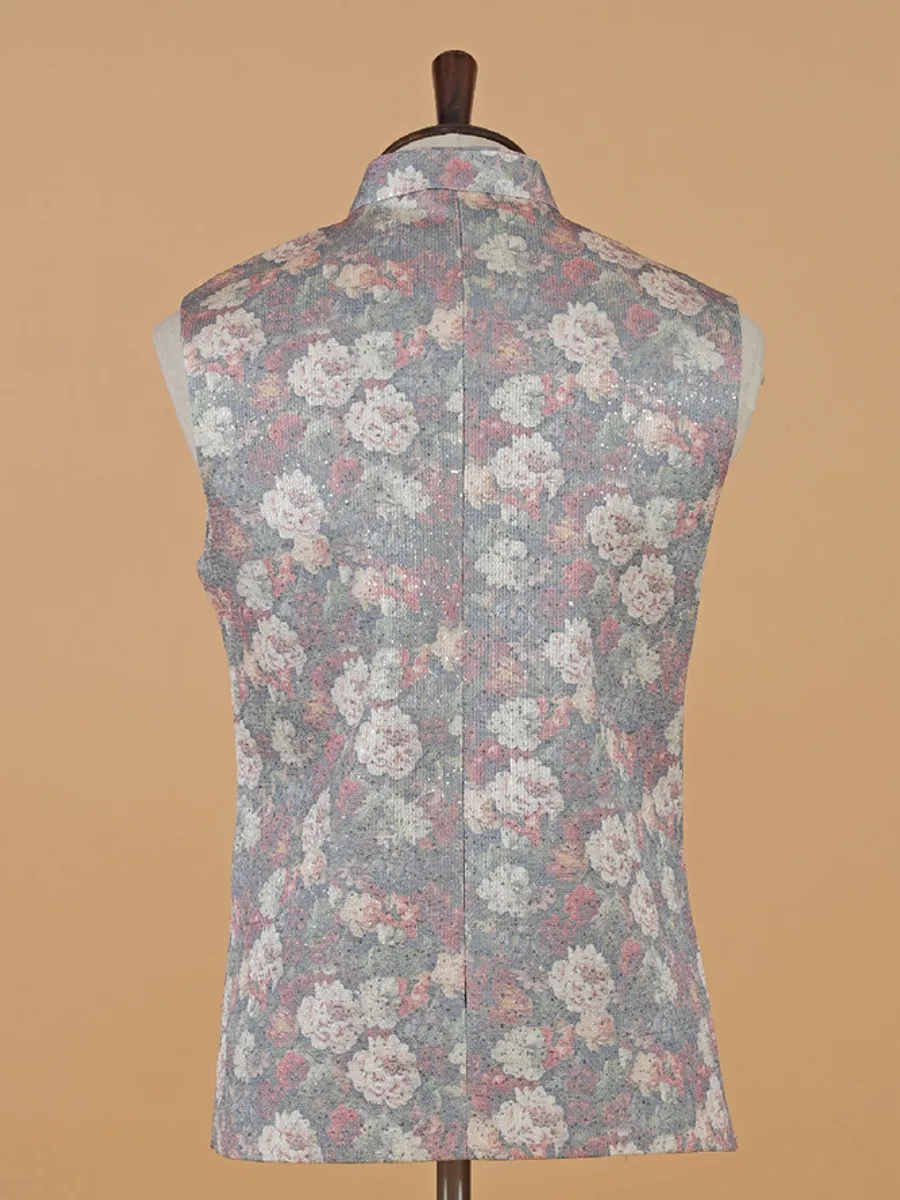 Grey floral printed silk waistcoat