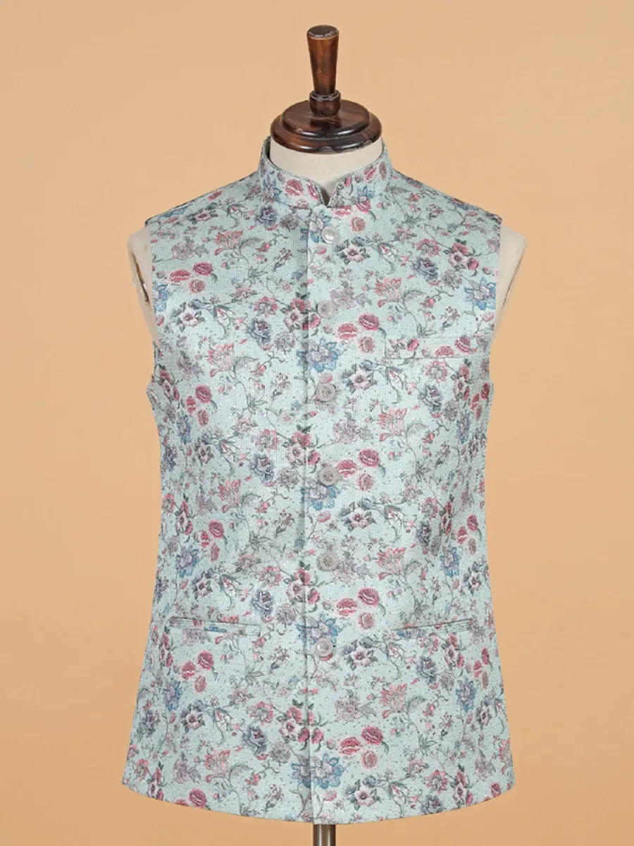 Floral printed pista green waistcoat