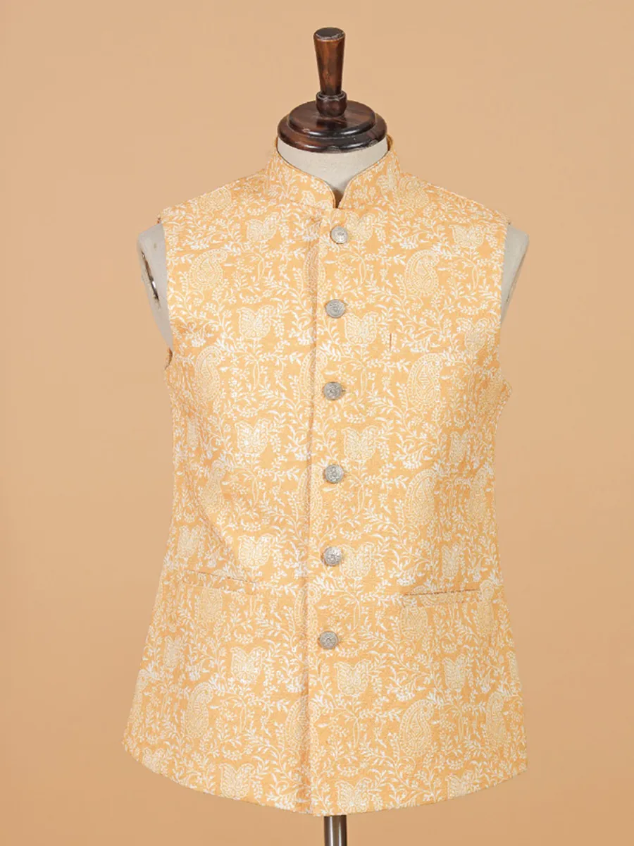 Latest printed silk waistcoat in peach