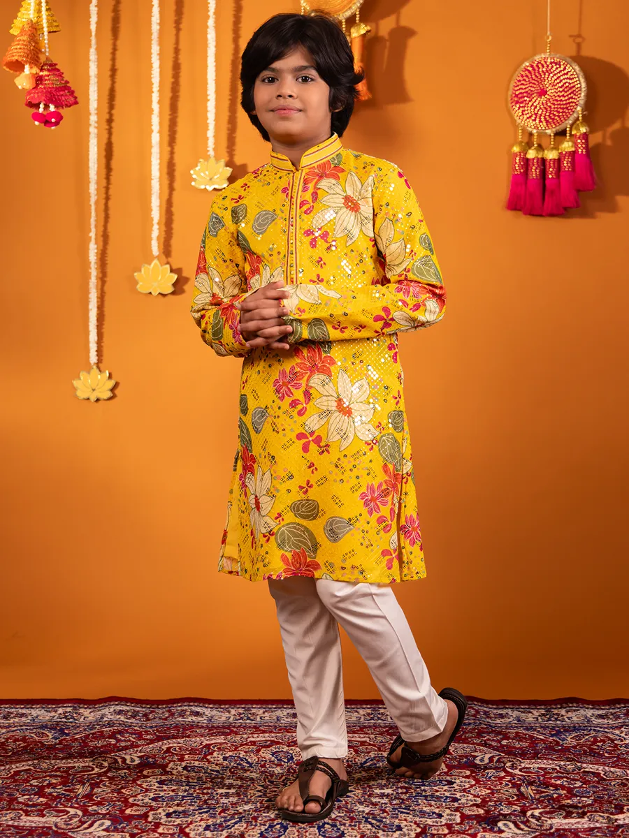 Mustard yellow silk printed kurta pajama