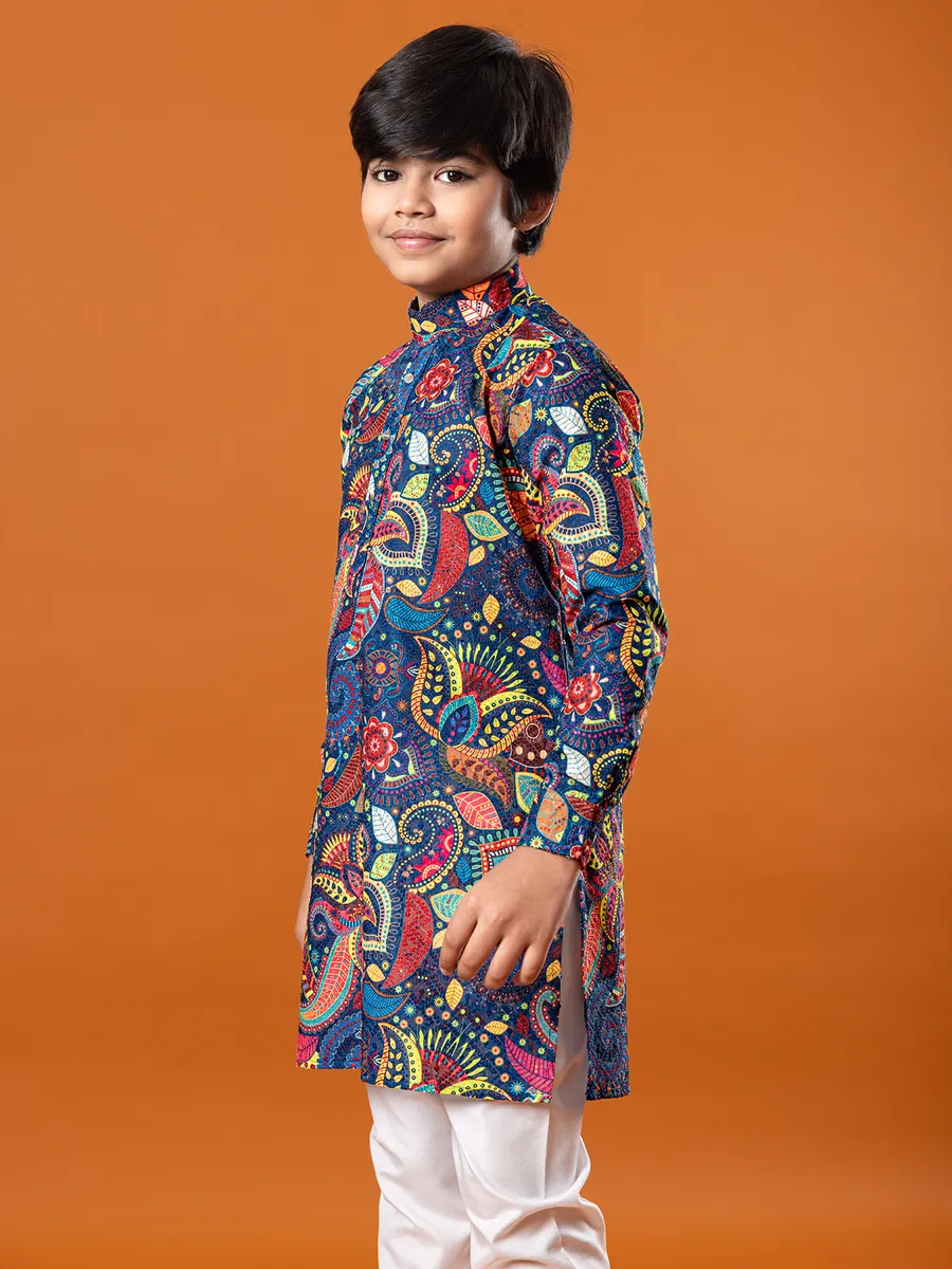 Navy printed cotton silk kurta suit for boys