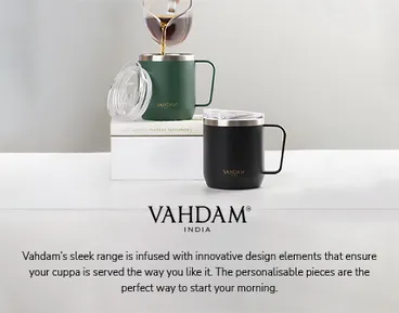 Vahdam Tumbler, Mug, and Bottle Collection Banner