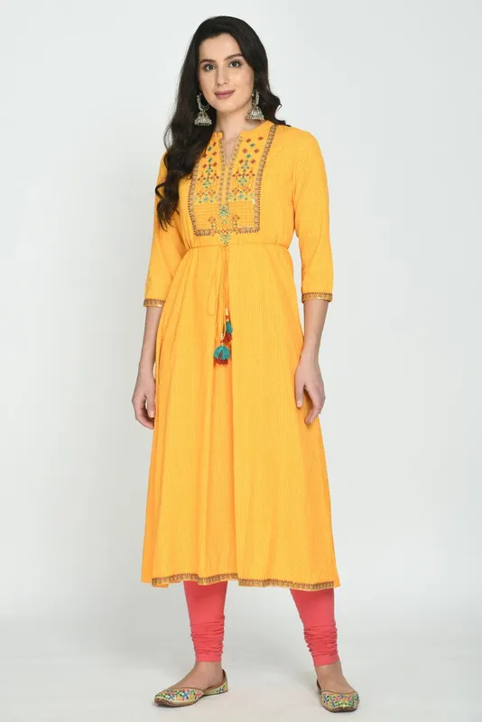 Yellow Yoke Embroidered Flare Dress