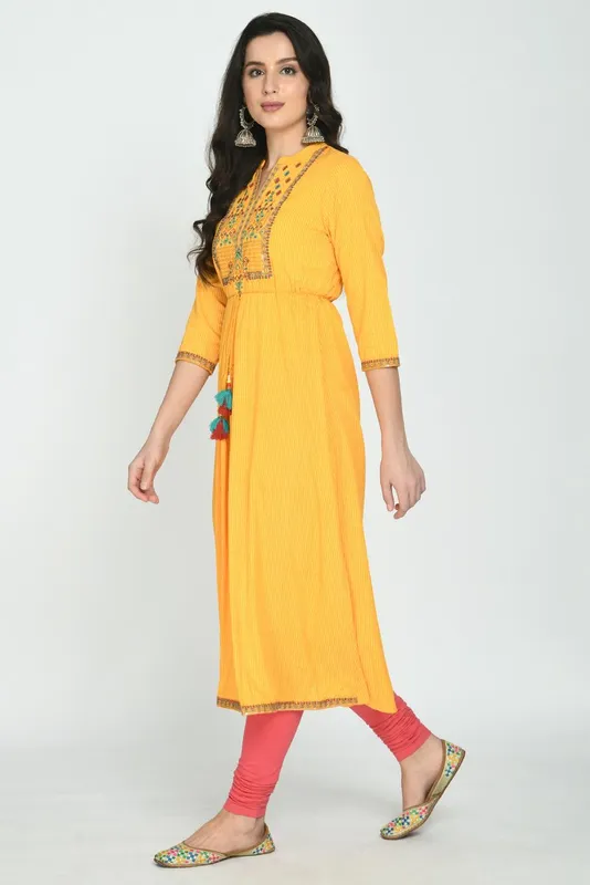 Yellow Yoke Embroidered Flare Dress