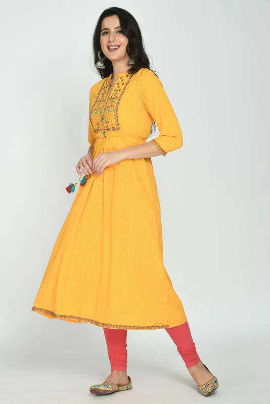 Yellow Yoke Embroidered Flare Dress