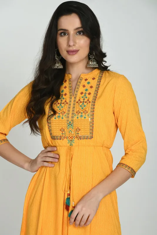 Yellow Yoke Embroidered Flare Dress