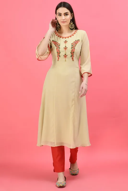 Beige Ethnic Motifs Embroidered Ethnic Midi Dress