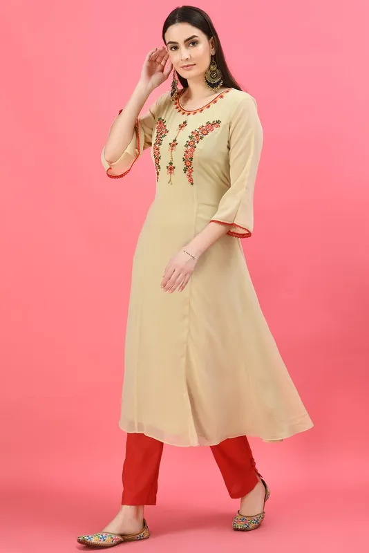 Beige Ethnic Motifs Embroidered Ethnic Midi Dress