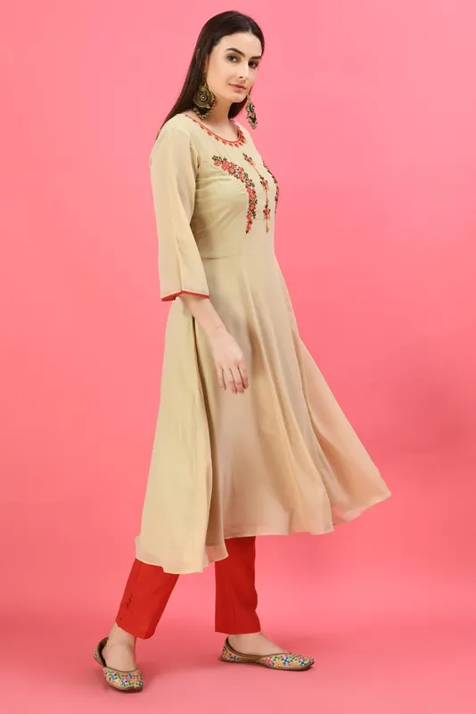 Beige Ethnic Motifs Embroidered Ethnic Midi Dress