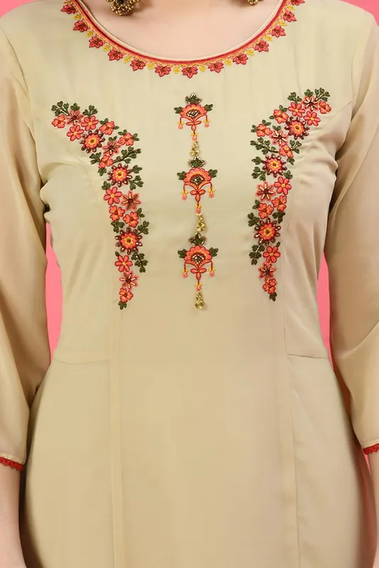 Beige Ethnic Motifs Embroidered Ethnic Midi Dress