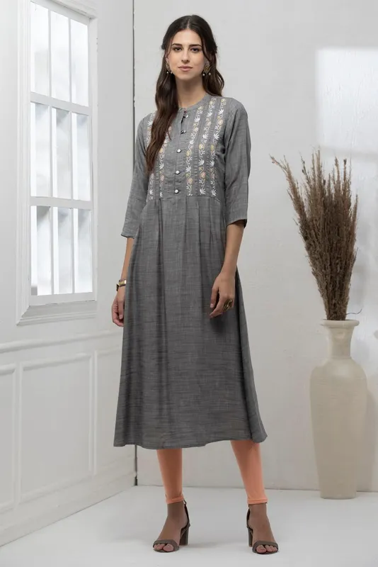 Grey Yoke Embroidered A-Line Dress