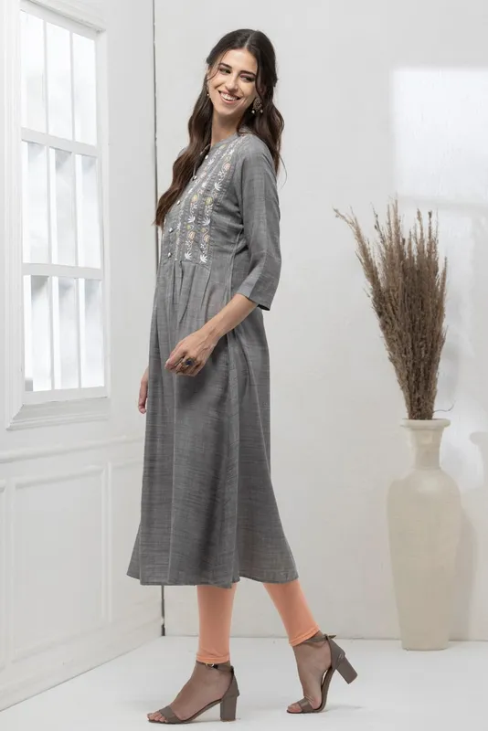 Grey Yoke Embroidered A-Line Dress