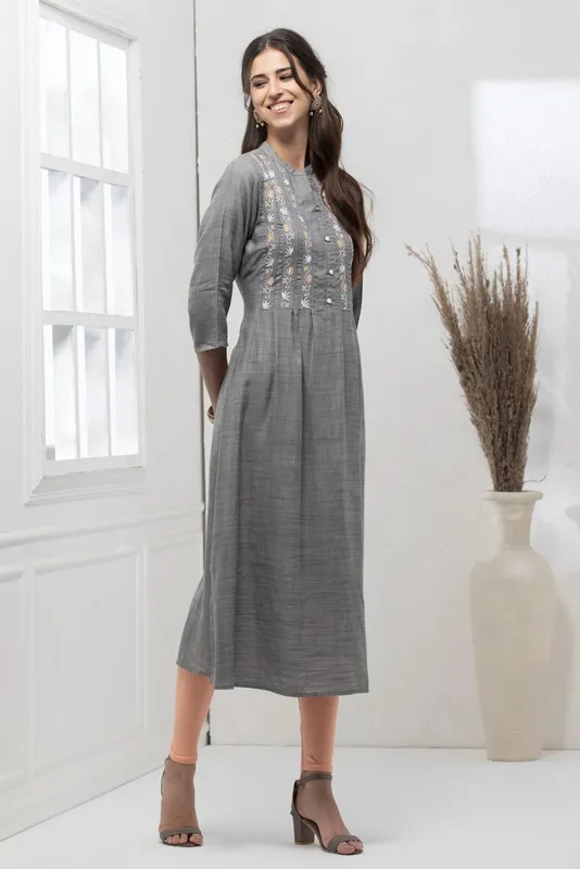 Grey Yoke Embroidered A-Line Dress