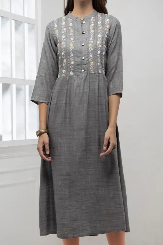 Grey Yoke Embroidered A-Line Dress