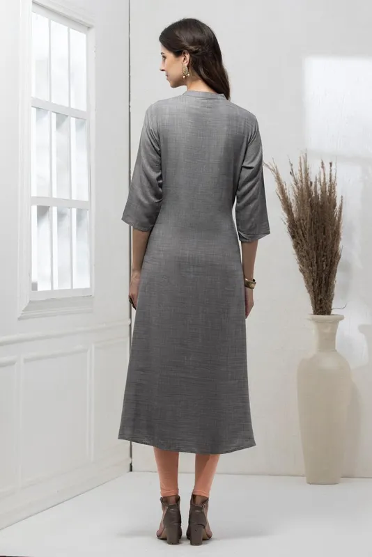 Grey Yoke Embroidered A-Line Dress