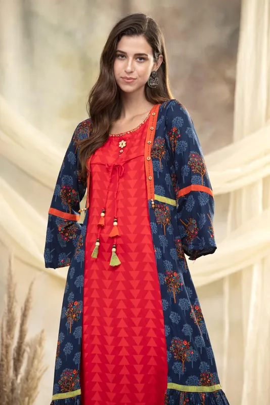 Multi Embroidered Cotton Flared Dress