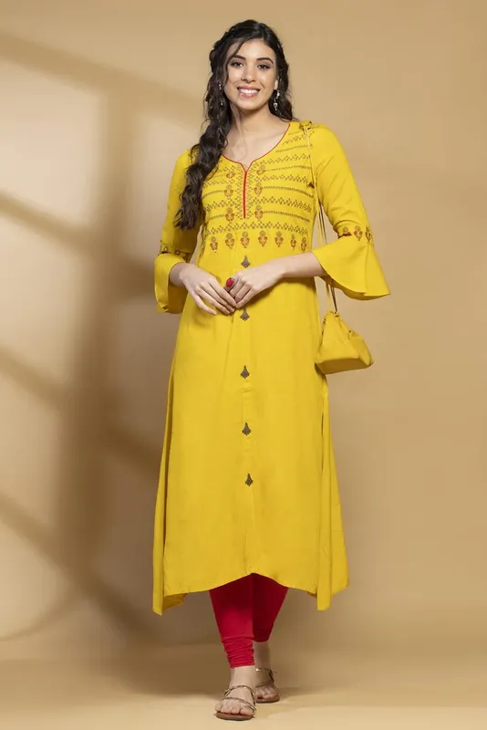 Mustard Embroidered Flared Dress