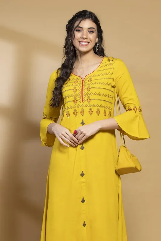 Mustard Embroidered Flared Dress