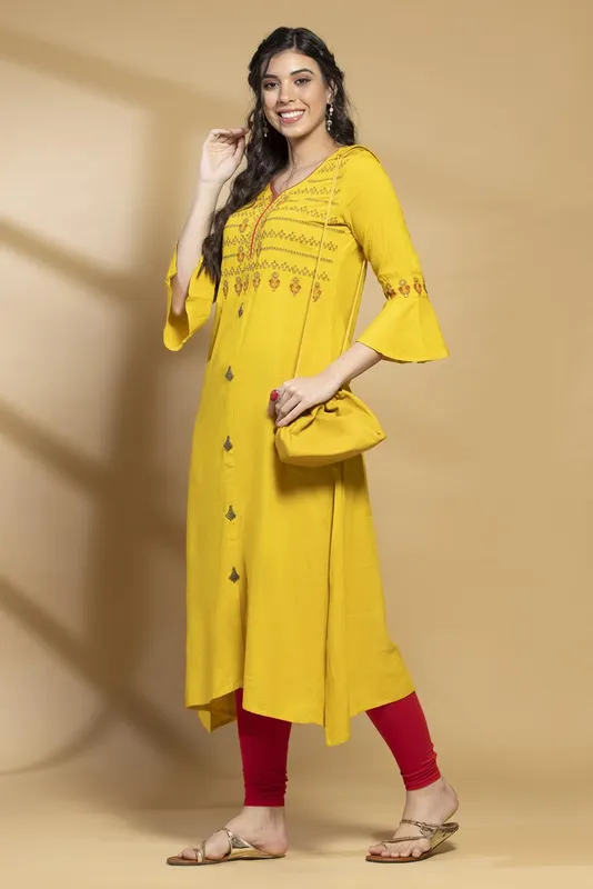 Mustard Embroidered Flared Dress