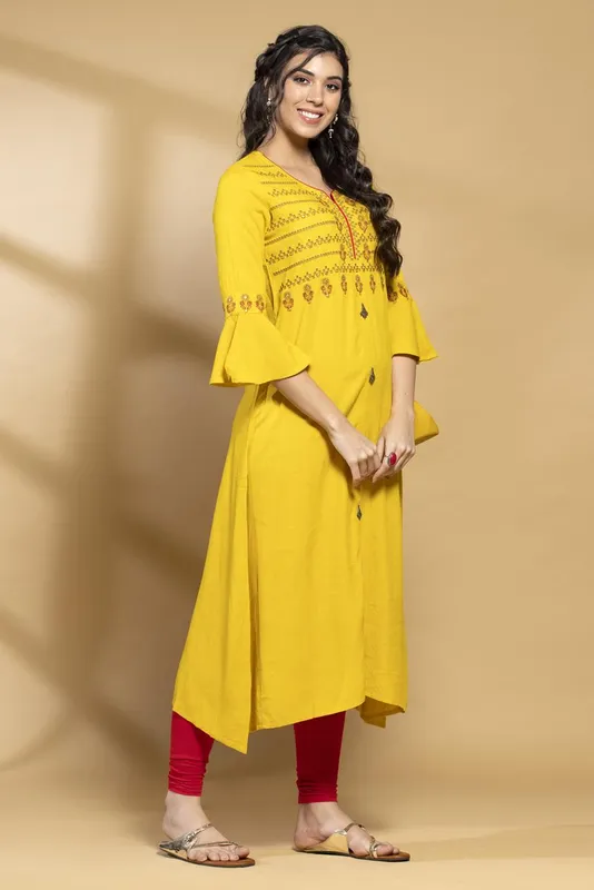 Mustard Embroidered Flared Dress