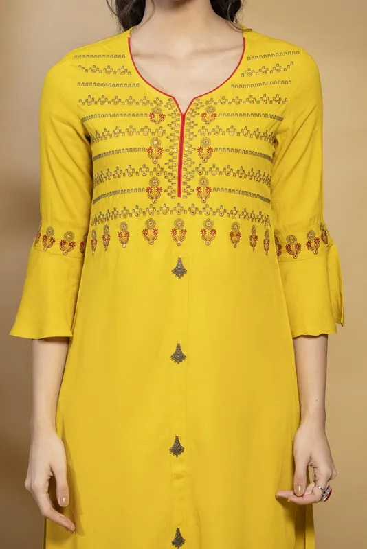 Mustard Embroidered Flared Dress