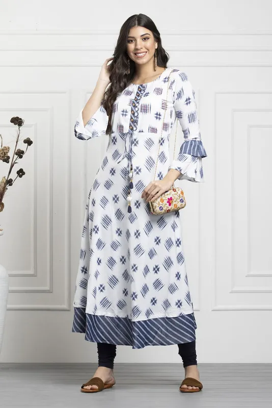 White Grey Printed Cotton Flex Flared Dress