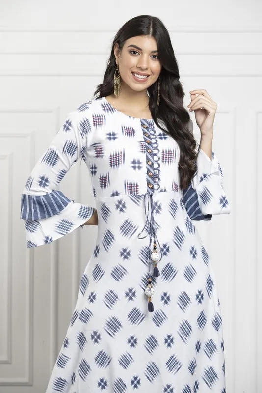 White Grey Printed Cotton Flex Flared Dress