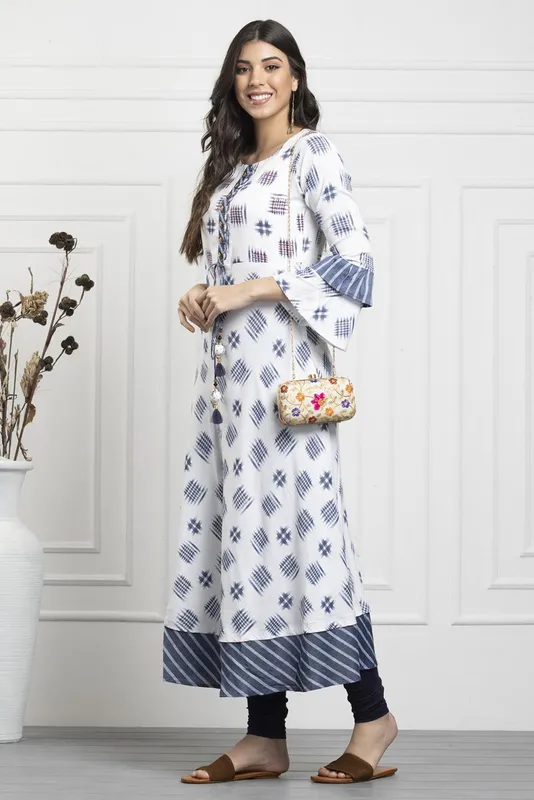 White Grey Printed Cotton Flex Flared Dress