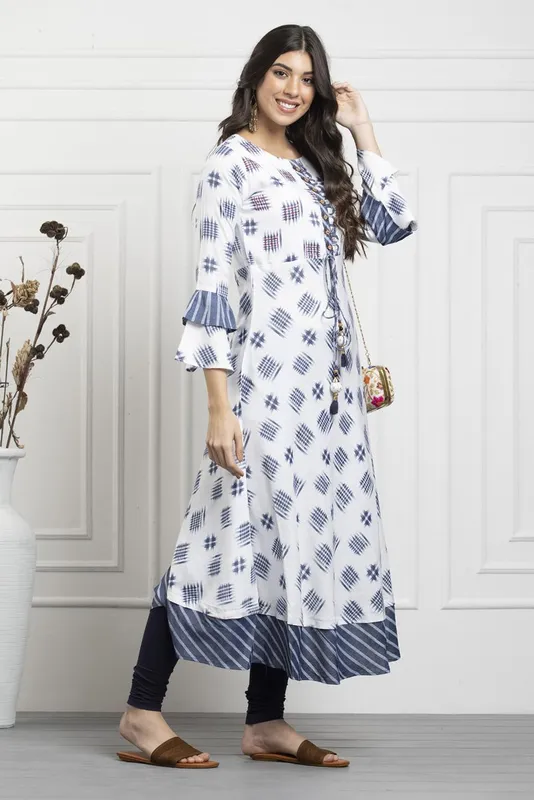 White Grey Printed Cotton Flex Flared Dress