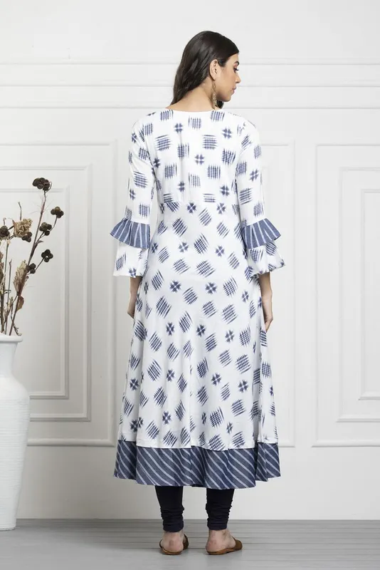 White Grey Printed Cotton Flex Flared Dress