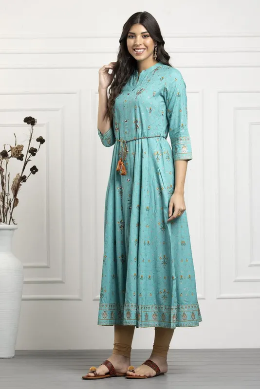 Green Embroidered Flared Dress